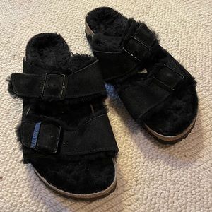 Fuzzy black suede Arizona Birkenstocks